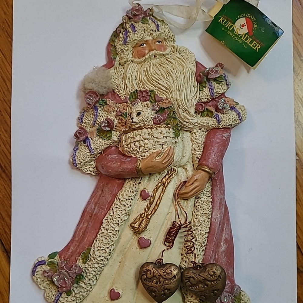 Vintage Kurt S. Adler Santa Ornament Pink Flowers Hearts Dog In Basket Christmas